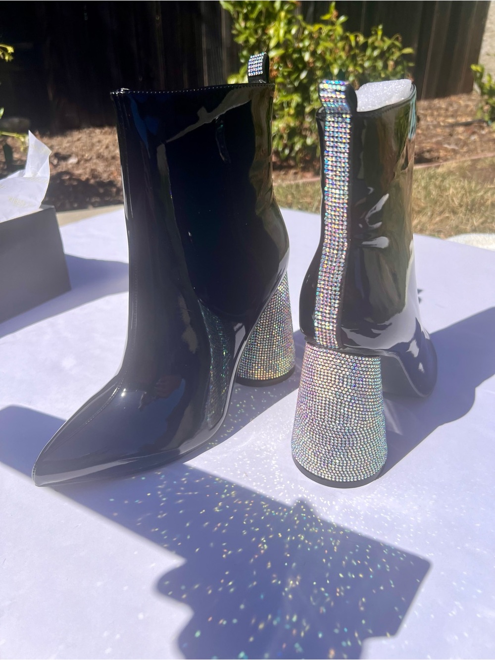 Patent Rhinestone Black Ankle Boots - Crystal Multi Color Embellished Round Heel